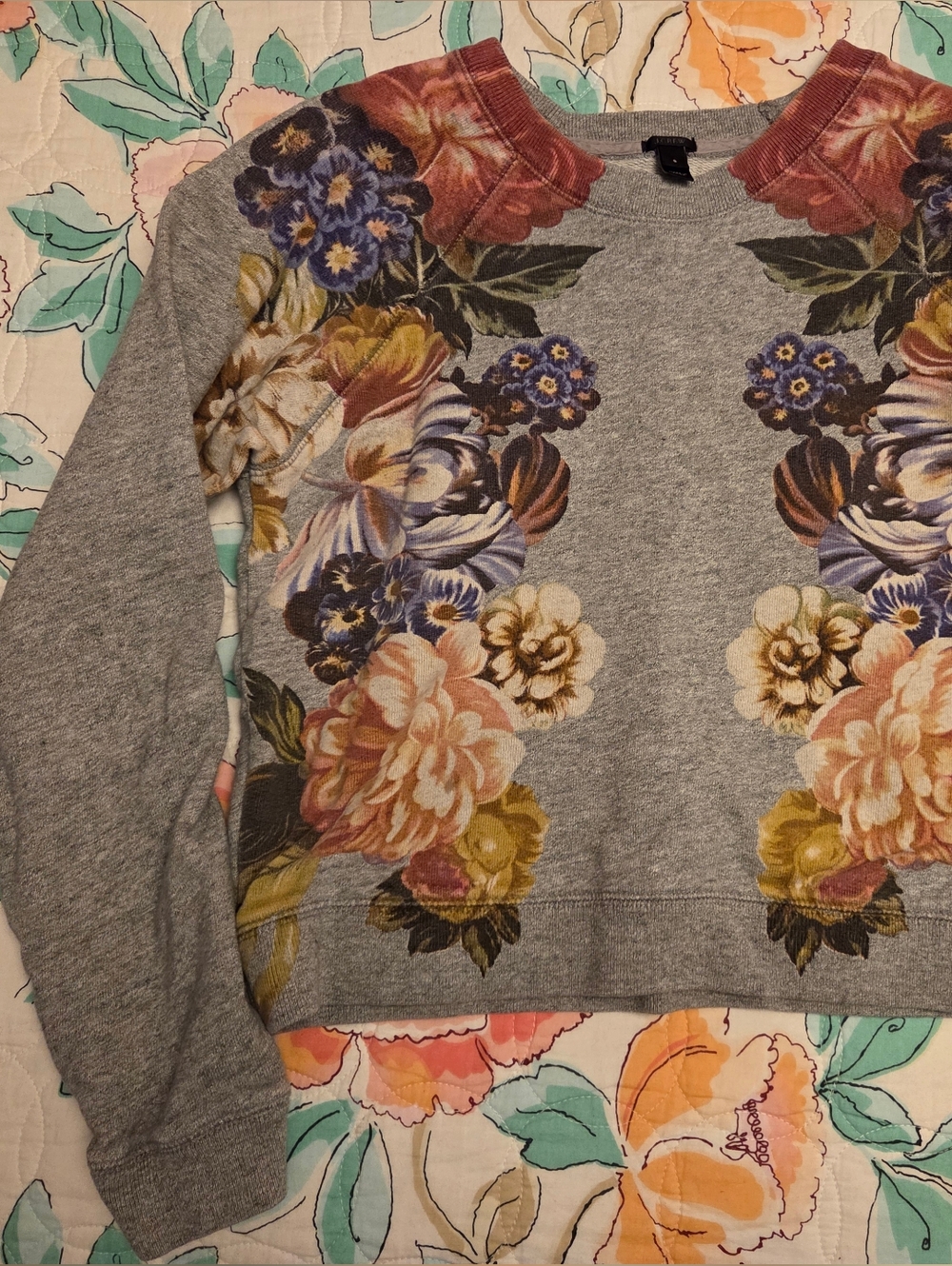 J. Crew Cropped Gray Crewneck Sweatshirt with Floral Accents Sz Small